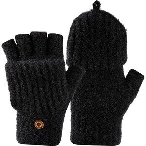 Women's Winter Warm Mittens Knitted Black Gloves Fingerless Button Closure